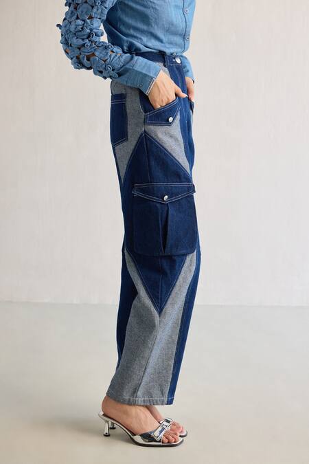 Mellowdrama_Blue 100% Cotton Color Block Cargo Pant _Online_at_Aza_Fashions