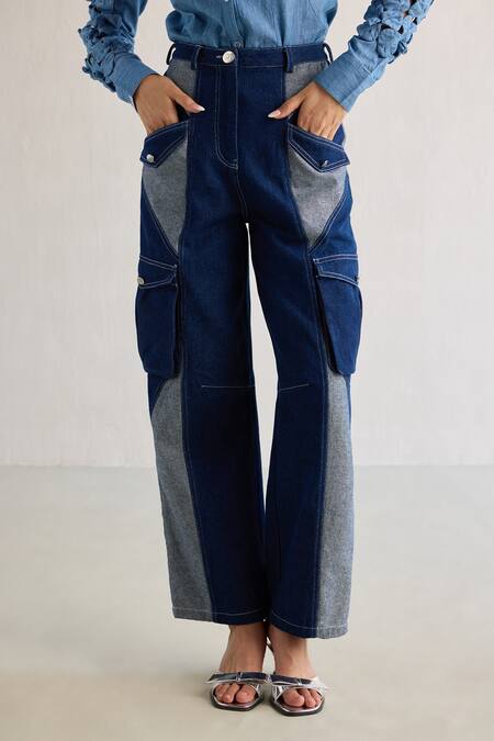 Shop_Mellowdrama_Blue 100% Cotton Color Block Cargo Pant _Online_at_Aza_Fashions