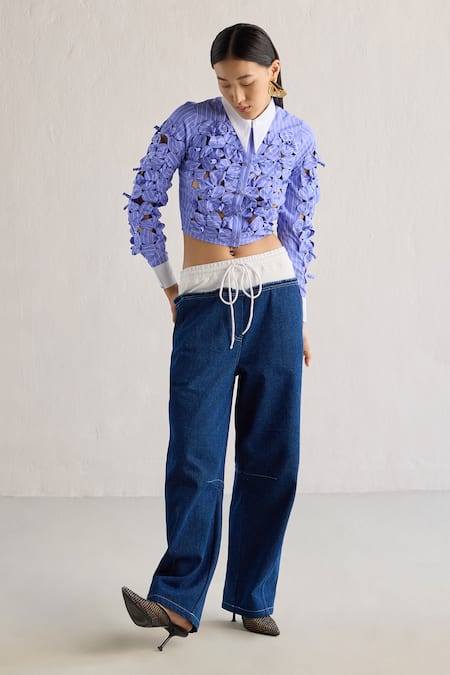 Buy_Mellowdrama_Blue Cotton Terry Slip In Jeans_Online_at_Aza_Fashions