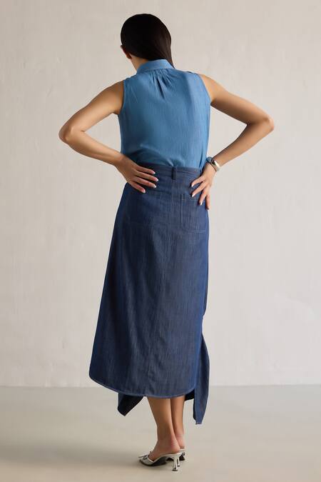 Shop_Mellowdrama_Blue Cotton Gather Detailed Asymmetric Skirt_at_Aza_Fashions
