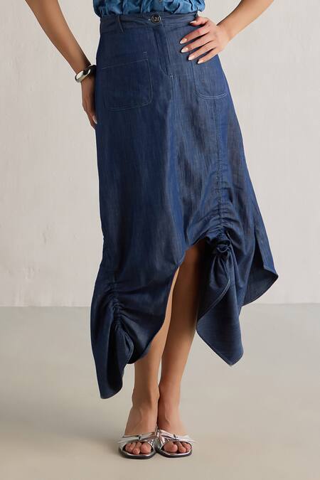 Mellowdrama_Blue Cotton Gather Detailed Asymmetric Skirt_Online_at_Aza_Fashions