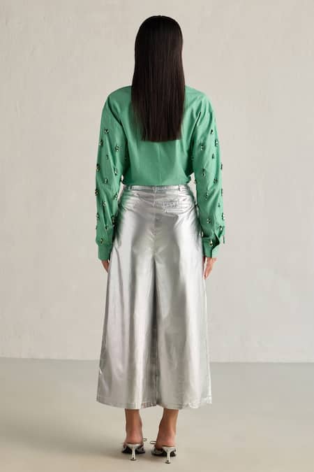 Shop_Mellowdrama_Silver 100% Cotton Calf Length Metallic Pant _at_Aza_Fashions