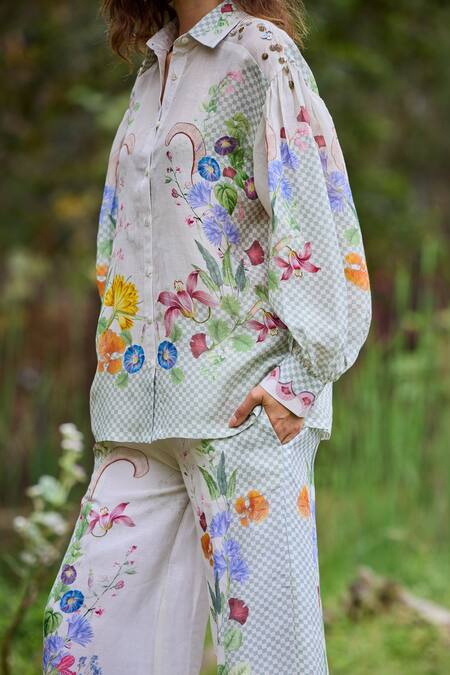 Shop_Pozruh By Aiman_Off White Linen, Velvet Embroidery Collared Floral Print Bali Shirt _Online_at_Aza_Fashions