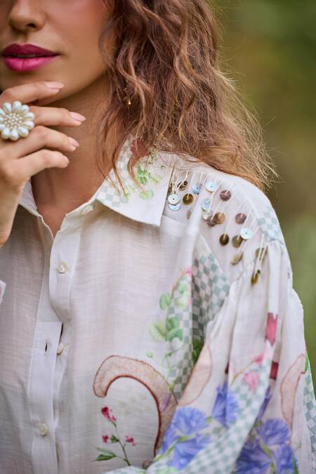 Pozruh By Aiman_Off White Linen, Velvet Embroidery Collared Floral Print Bali Shirt _at_Aza_Fashions