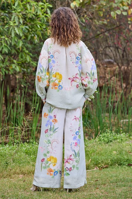 Pozruh By Aiman_Off White Linen, Silk, Velvet Tassels, Floral Print Bali Breeze Shirt With Pant _Online_at_Aza_Fashions