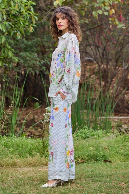 Shop_Pozruh By Aiman_Off White Linen, Silk, Velvet Tassels, Floral Print Bali Breeze Shirt With Pant _Online_at_Aza_Fashions