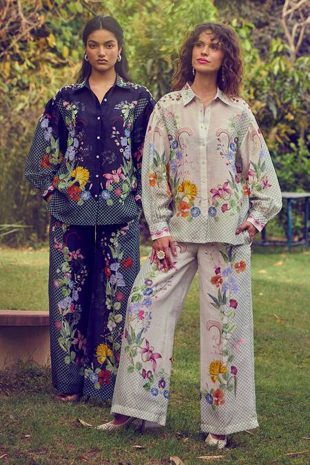 Buy Pozruh By Aiman Off White Linen, Silk, Velvet Tassels, Floral Print Bali Breeze Shirt With Pant Buy_Pozruh By Aiman_Off White Linen, Silk, Velvet Tassels, Floral Print Bali Breeze Shirt With Pant