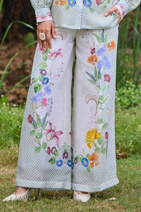 Pozruh By Aiman_Off White Linen, Velvet Floral Print Bali Flared Pant _Online_at_Aza_Fashions