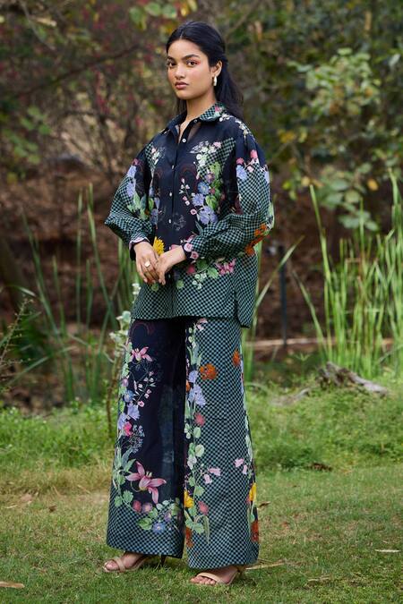 Pozruh By Aiman_Black Linen, Velvet Embroidery, Tassels Bali Floral Print Bishop Sleeve Shirt _Online_at_Aza_Fashions