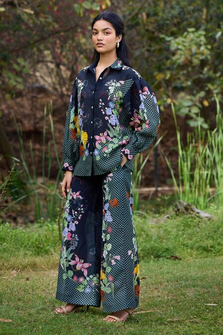 Buy_Pozruh By Aiman_Black Linen, Velvet Embroidery, Tassels Bali Floral Print Bishop Sleeve Shirt _Online_at_Aza_Fashions