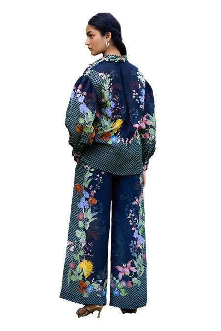 Shop Pozruh By Aiman Black Linen, Velvet Embroidery, Tassels Bali Floral Print Bishop Sleeve Shirt Online at Aza Fashions Shop_Pozruh By Aiman_Black Linen, Velvet Embroidery, Tassels Bali Floral Print Bishop Sleeve Shirt _Online_at_Aza_Fashions