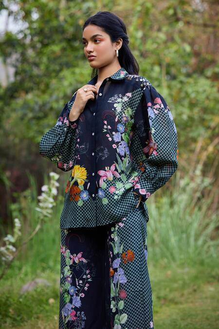 Pozruh By Aiman_Black Linen, Velvet Embroidery, Tassels Bali Floral Print Bishop Sleeve Shirt _at_Aza_Fashions