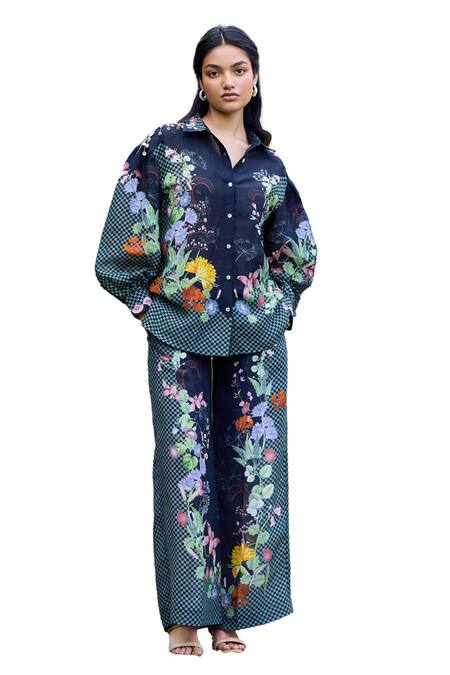 Buy Pozruh By Aiman Black Linen, Velvet Embroidery, Tassels Bali Floral Print Bishop Sleeve Shirt Buy_Pozruh By Aiman_Black Linen, Velvet Embroidery, Tassels Bali Floral Print Bishop Sleeve Shirt