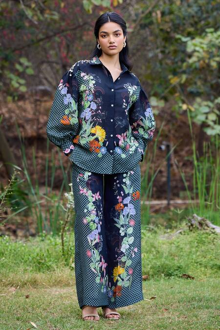 Shop_Pozruh By Aiman_Black Linen, Velvet Embroidery, Tassels Bali Floral Print Bishop Sleeve Shirt 