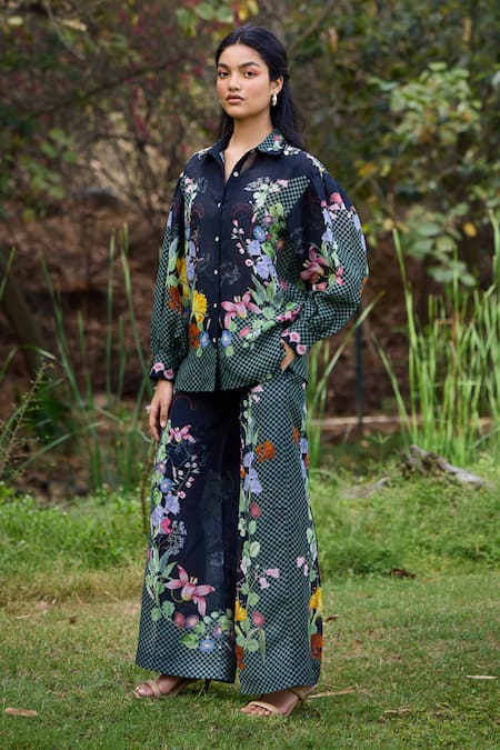 Buy_Pozruh By Aiman_Black Linen, Velvet Embroidery Bali Breeze Floral Print Shirt With Pant _Online_at_Aza_Fashions