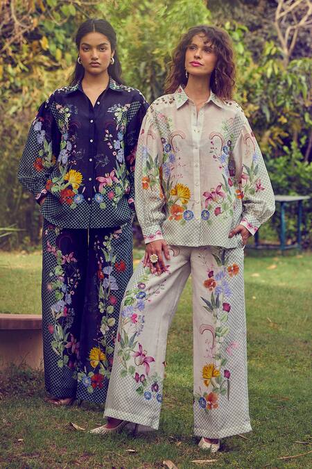 Shop Pozruh By Aiman Black Linen, Velvet Embroidery Bali Breeze Floral Print Shirt With Pant Online at Aza Fashions Shop_Pozruh By Aiman_Black Linen, Velvet Embroidery Bali Breeze Floral Print Shirt With Pant _Online_at_Aza_Fashions