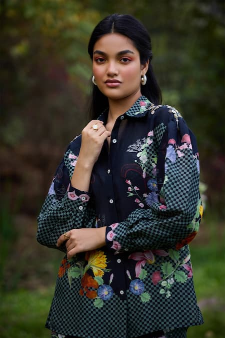 Buy_Pozruh By Aiman_Black Linen, Velvet Embroidery Bali Breeze Floral Print Shirt With Pant 