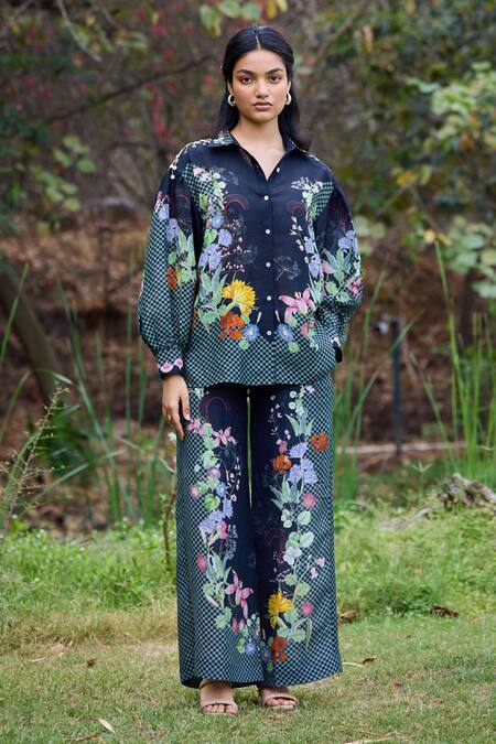 Shop_Pozruh By Aiman_Black Linen, Velvet Bali Floral Print Flared Pant _Online_at_Aza_Fashions