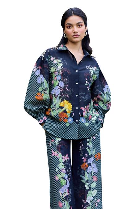 Pozruh By Aiman Black Linen, Velvet Bali Floral Print Flared Pant at Aza Fashions Pozruh By Aiman_Black Linen, Velvet Bali Floral Print Flared Pant _at_Aza_Fashions