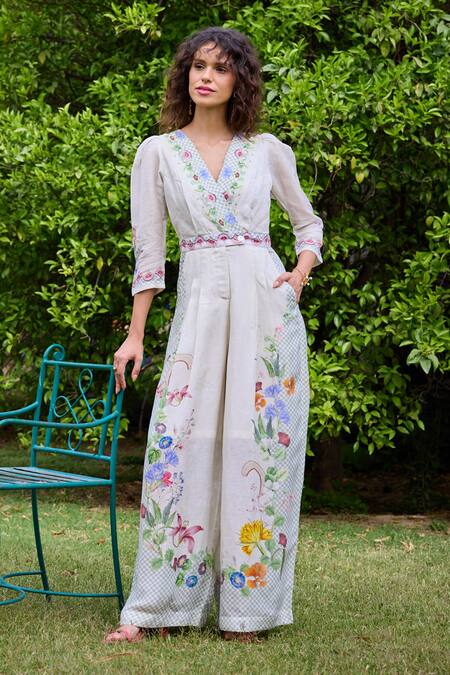 Buy_Pozruh By Aiman_Off White Linen, Velvet Embroidery V-neck Laguna Floral Print Cross Jumpsuit _Online_at_Aza_Fashions