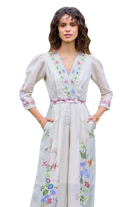 Shop Pozruh By Aiman Off White Linen, Velvet Embroidery V-neck Laguna Floral Print Cross Jumpsuit Online at Aza Fashions Shop_Pozruh By Aiman_Off White Linen, Velvet Embroidery V-neck Laguna Floral Print Cross Jumpsuit _Online_at_Aza_Fashions