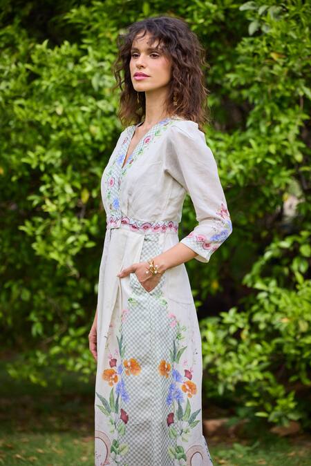 Pozruh By Aiman_Off White Linen, Velvet Embroidery V-neck Laguna Floral Print Cross Jumpsuit _at_Aza_Fashions