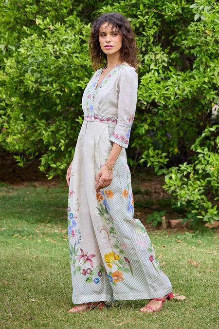 Buy_Pozruh By Aiman_Off White Linen, Velvet Embroidery V-neck Laguna Floral Print Cross Jumpsuit 