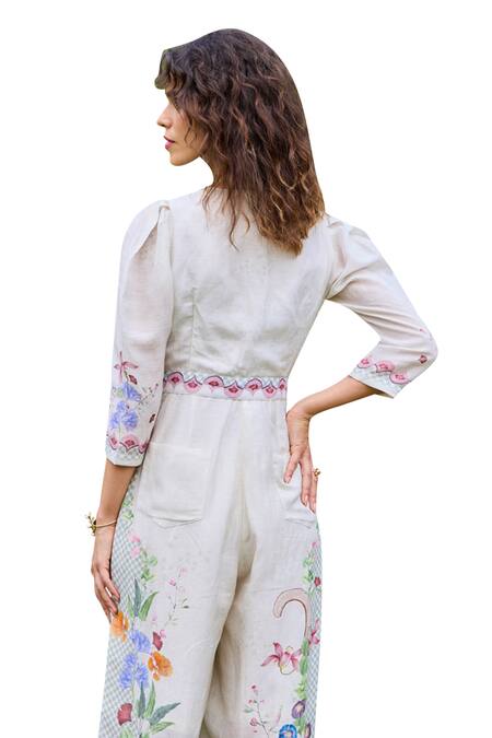 Shop Pozruh By Aiman Off White Linen, Velvet Embroidery V-neck Laguna Floral Print Cross Jumpsuit Shop_Pozruh By Aiman_Off White Linen, Velvet Embroidery V-neck Laguna Floral Print Cross Jumpsuit