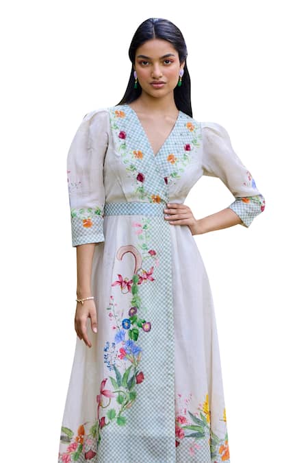 Pozruh By Aiman Off White Linen, Velvet Embroidery, Sequins Parisian Floral Print Wrap Dress Online at Aza Fashions Pozruh By Aiman_Off White Linen, Velvet Embroidery, Sequins Parisian Floral Print Wrap Dress _Online_at_Aza_Fashions