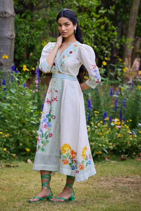 Buy_Pozruh By Aiman_Off White Linen, Velvet Embroidery, Sequins Parisian Floral Print Wrap Dress _Online_at_Aza_Fashions