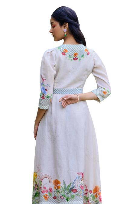 Shop Pozruh By Aiman Off White Linen, Velvet Embroidery, Sequins Parisian Floral Print Wrap Dress Online at Aza Fashions Shop_Pozruh By Aiman_Off White Linen, Velvet Embroidery, Sequins Parisian Floral Print Wrap Dress _Online_at_Aza_Fashions