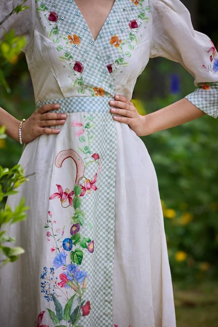 Buy_Pozruh By Aiman_Off White Linen, Velvet Embroidery, Sequins Parisian Floral Print Wrap Dress 