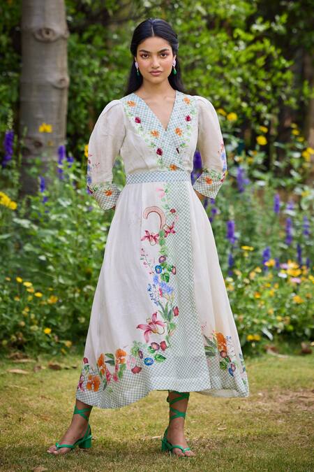 Shop_Pozruh By Aiman_Off White Linen, Velvet Embroidery, Sequins Parisian Floral Print Wrap Dress 