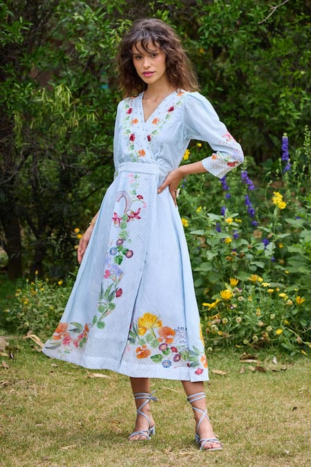 Pozruh By Aiman_Sky Blue Linen, Velvet Embroidery, Parisian Floral Print Puff Sleeve Dress _Online_at_Aza_Fashions