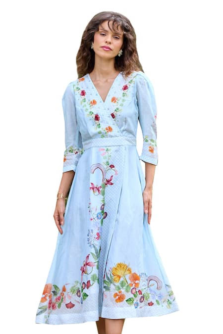 Buy Pozruh By Aiman Sky Blue Linen, Velvet Embroidery, Parisian Floral Print Puff Sleeve Dress Online at Aza Fashions Buy_Pozruh By Aiman_Sky Blue Linen, Velvet Embroidery, Parisian Floral Print Puff Sleeve Dress _Online_at_Aza_Fashions