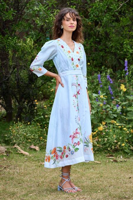 Shop_Pozruh By Aiman_Sky Blue Linen, Velvet Embroidery, Parisian Floral Print Puff Sleeve Dress _Online_at_Aza_Fashions