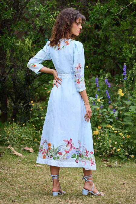 Pozruh By Aiman_Sky Blue Linen, Velvet Embroidery, Parisian Floral Print Puff Sleeve Dress _at_Aza_Fashions
