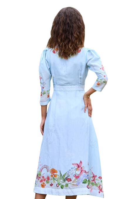 Buy Pozruh By Aiman Sky Blue Linen, Velvet Embroidery, Parisian Floral Print Puff Sleeve Dress Buy_Pozruh By Aiman_Sky Blue Linen, Velvet Embroidery, Parisian Floral Print Puff Sleeve Dress