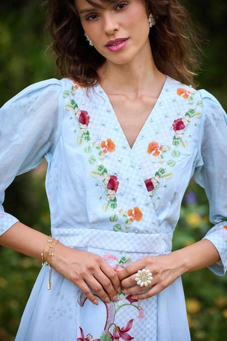 Shop_Pozruh By Aiman_Sky Blue Linen, Velvet Embroidery, Parisian Floral Print Puff Sleeve Dress 