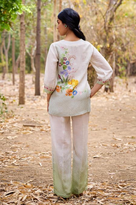Shop_Pozruh By Aiman_Off White Linen, Velvet Embroidery Round Neck Aruba Floral Print Front Pleat Top _at_Aza_Fashions