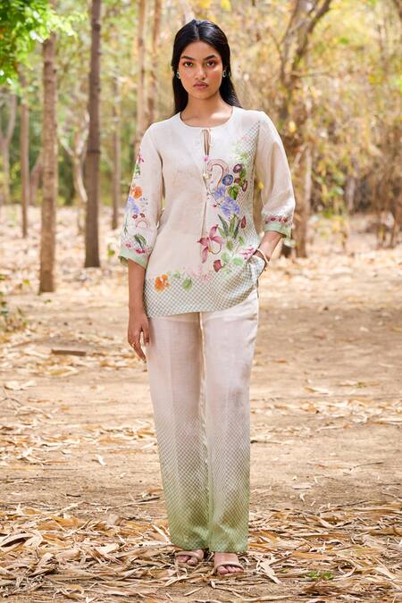Buy_Pozruh By Aiman_Off White Linen, Velvet Embroidery Round Neck Aruba Floral Print Front Pleat Top _Online_at_Aza_Fashions