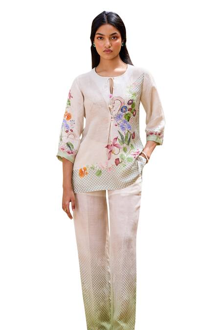 Shop Pozruh By Aiman Off White Linen, Velvet Embroidery Round Neck Aruba Floral Print Front Pleat Top Online at Aza Fashions Shop_Pozruh By Aiman_Off White Linen, Velvet Embroidery Round Neck Aruba Floral Print Front Pleat Top _Online_at_Aza_Fashions