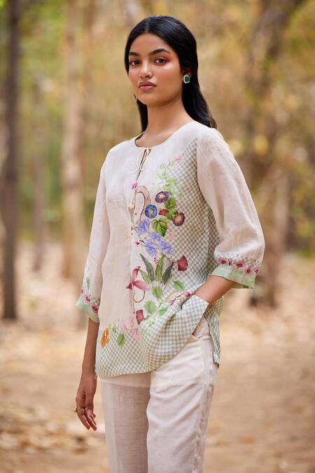 Pozruh By Aiman_Off White Linen Round Neck Aruba Floral Print Front Pleat Top With Pant _at_Aza_Fashions