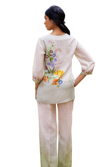 Buy Pozruh By Aiman Off White Linen Round Neck Aruba Floral Print Front Pleat Top With Pant Buy_Pozruh By Aiman_Off White Linen Round Neck Aruba Floral Print Front Pleat Top With Pant