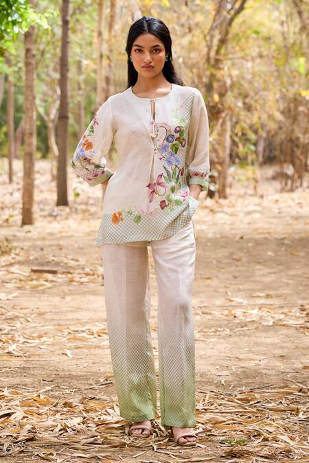 Pozruh By Aiman_Off White Linen, Velvet Aruba Ombre Print Pant _Online_at_Aza_Fashions