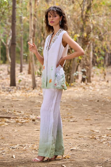 Pozruh By Aiman_Off White Hemp Embroidery, Beads Collared Regina Shell Jacket _at_Aza_Fashions