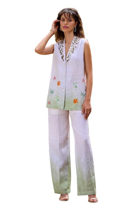 Pozruh By Aiman_Off White Hemp Embroidery, Beads Collared Regina Shell Jacket With Pant _Online_at_Aza_Fashions