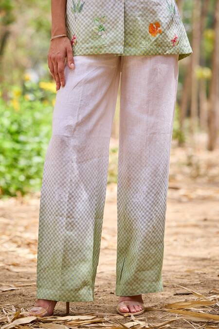 Shop_Pozruh By Aiman_Off White Hemp Embroidery, Beads Collared Regina Shell Jacket With Pant 