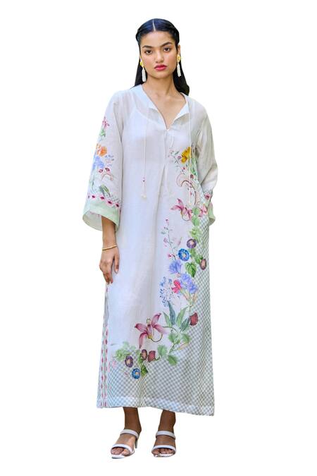 Pozruh By Aiman_Off White Linen, Velvet Embroidery Round Malibu Floral Print Straight Kaftan _Online_at_Aza_Fashions