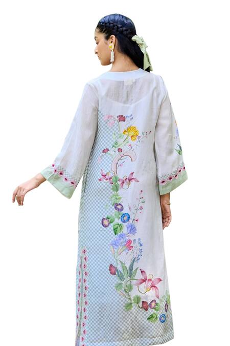 Shop_Pozruh By Aiman_Off White Linen, Velvet Embroidery Round Malibu Floral Print Straight Kaftan _Online_at_Aza_Fashions